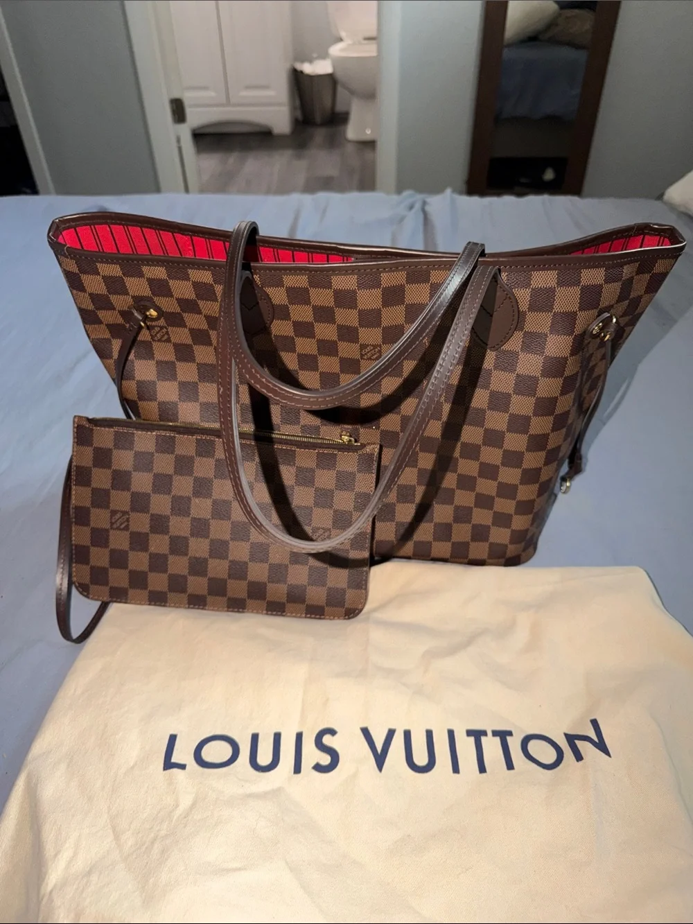 Louis Vuitton Damier Ebene Neverfull Tote with Red Stripe Interior